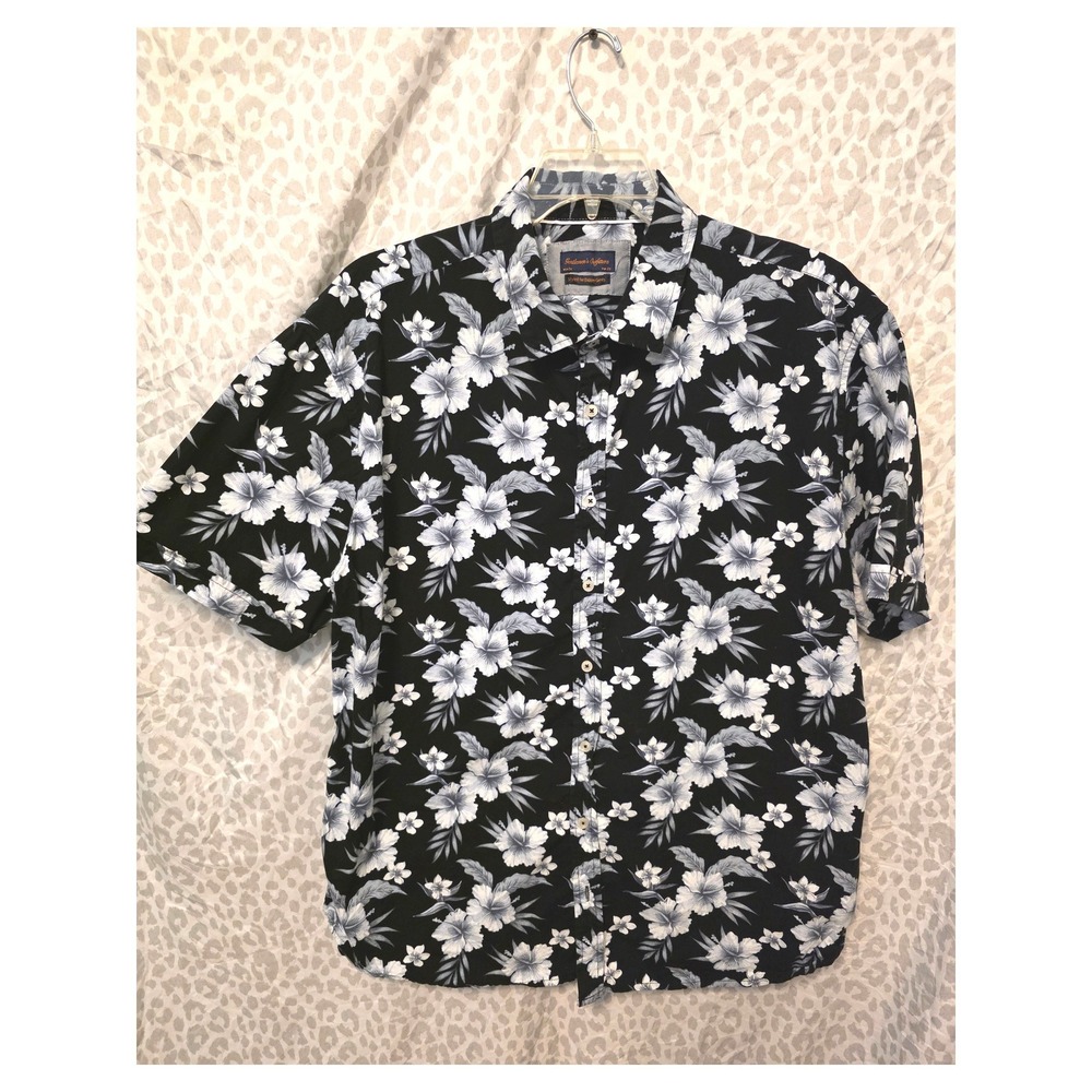 Gentlemen's Outfitters 2X Black White Hibiscus Floral Button Down Shirt Hawaiian